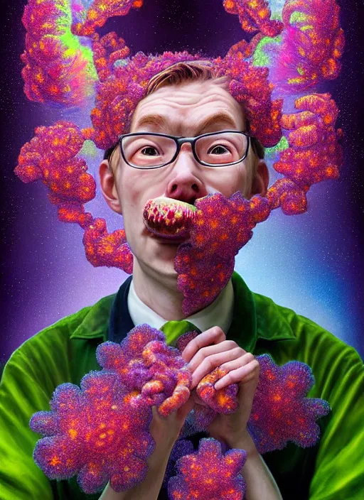 Image similar to hyper detailed 3d render like a Oil painting - kawaii portrait of Hank Green in Aurora (Singer) seen Eating of the Strangling network of yellowcake aerochrome and milky Fruit and Her delicate Hands hold of gossamer polyp blossoms bring iridescent fungal flowers whose spores black the foolish stars by Jacek Yerka, Mariusz Lewandowski, Houdini algorithmic generative render, Abstract brush strokes, Masterpiece, Edward Hopper and James Gilleard, Zdzislaw Beksinski, Mark Ryden, Wolfgang Lettl, hints of Yayoi Kasuma, octane render, 8k