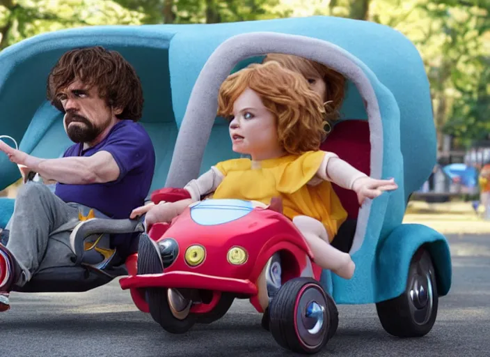 Prompt: peter dinklage and emma stone driving a little tikes cozy coupe, movie still, from the new smokey and the bandit movie, 8 k, realistic