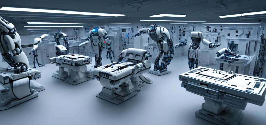 Prompt: futuristic robot repair workshop, total recall tech, marble block operating table in the center,