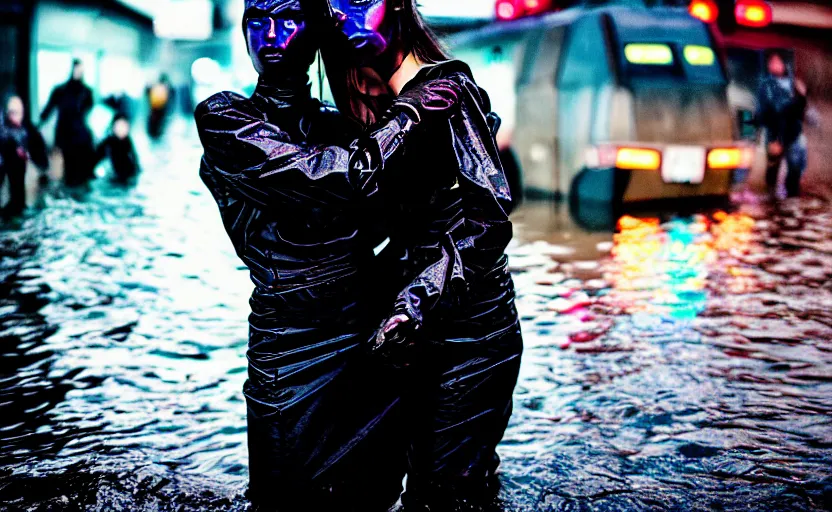 Image similar to cinestill 5 0 d candid photographic portrait by steve mccurry of two loving female androids sobbing wearing rugged black mesh techwear in treacherous waters, flooded city, long shot, retrofuturism cyberpunk moody emotional cinematic, pouring iridescent rain bright spotlight helicopter, 8 k, hd, high resolution, 3 5 mm, f / 3 2, ultra realistic faces, ex machina