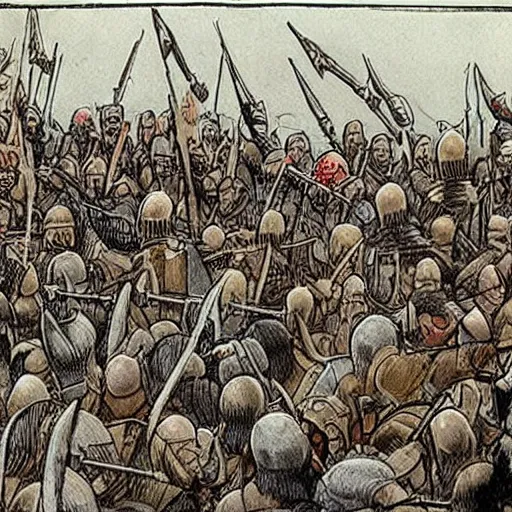 Image similar to enoumous crowd of people, as seen in the battle of helm's deep, but no weapons or armor present, everyone is laughing and pointing at donald trump standing on a podium with pants. style of the far side.