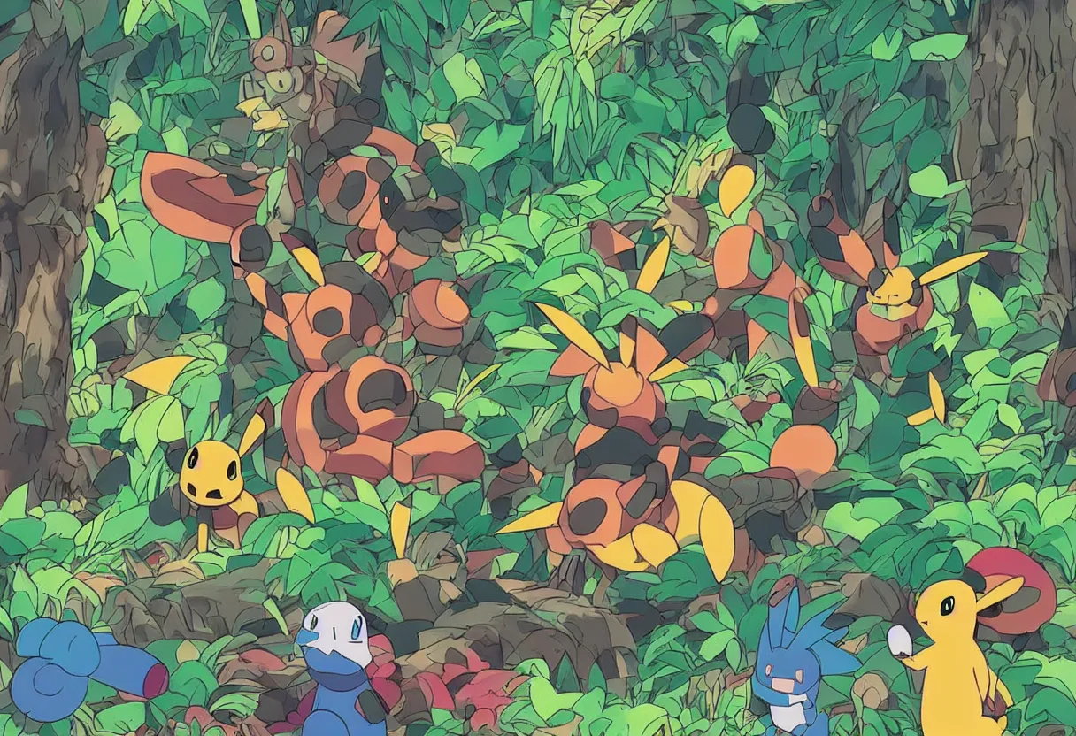 Image similar to colorful pokemon that looks like a military tank, lush jungle scene, post apocalyptic, shot on film, art by studio ghibli