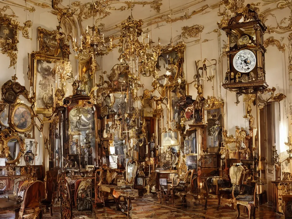 Prompt: antique clocks and giant exotic birds in a baroque salon of the imagination