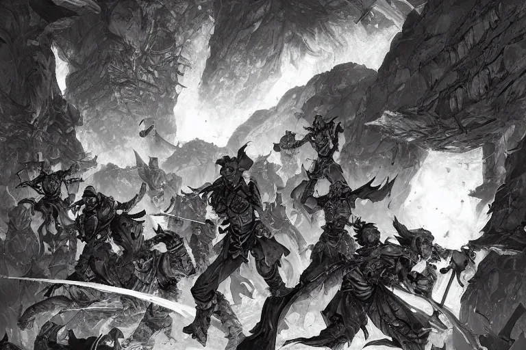 Prompt: black and white point perspective dungeon cozy fantasy dungeon clean battle mages are fighting a group of fire trapmasters,by artgerm and Craig Mullins, James Jean, Andrey Ryabovichev, Mark Simonetti and Peter Morbacher 16k