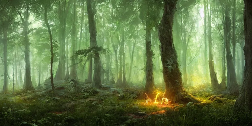 Image similar to green fire flies in an ancient forest, greg rutkowski, 8 k, shallow depth of field, ultra high detail, concept art,