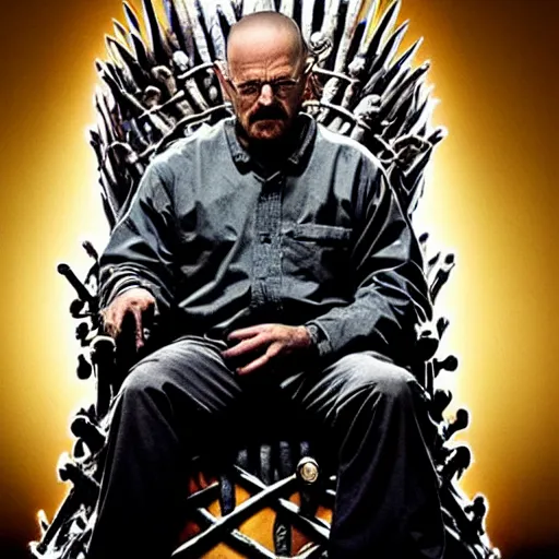 Prompt: “Very crisp photo of Walter White sitting on the Iron Throne from Game of Thrones, atmospheric lighting, award-winning details”
