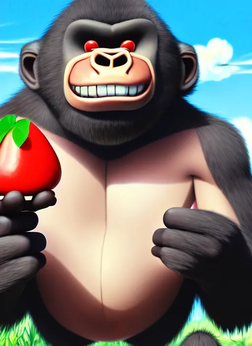 Prompt: wholesome cartoon anime gorilla holding a very small red mushroom, big smile on face, sunny sky background, lush landscape, illustration concept art anime key visual trending pixiv fanbox by wlop and greg rutkowski and makoto shinkai and studio ghibli and kyoto animation, symmetrical facial features,