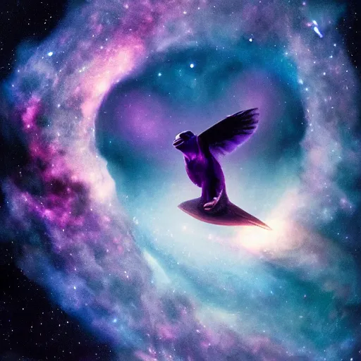 Prompt: Finch with two bodybuilder arms instead of wings, staring up into a purple blackhole, with the universe in the background, dark space, muted nebula, galaxies, sideview, medium shot, realistic award-winning photograph, anamorphic lens, painted by greg rutkowski