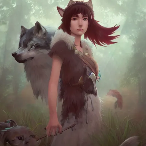 Image similar to Princess Mononoke and Moro the wolf, portrait by loish and WLOP, octane render, dark fantasy, trending on ArtStation