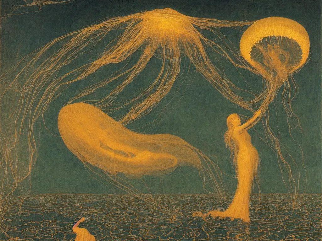 Prompt: Woman inside a jellyfish floating in the sky. Obsidian phosphorescent mountain at night. Jan van Eyck, Jean Delville, Max Ernst, Walton Ford