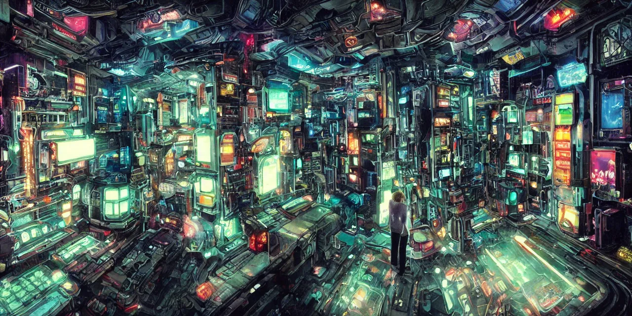 Image similar to interior shot ready player one ,apartment, nightime, scifi , futuristic, neon, robots, women, neon lights, by james gurney and katsuhiro otomo