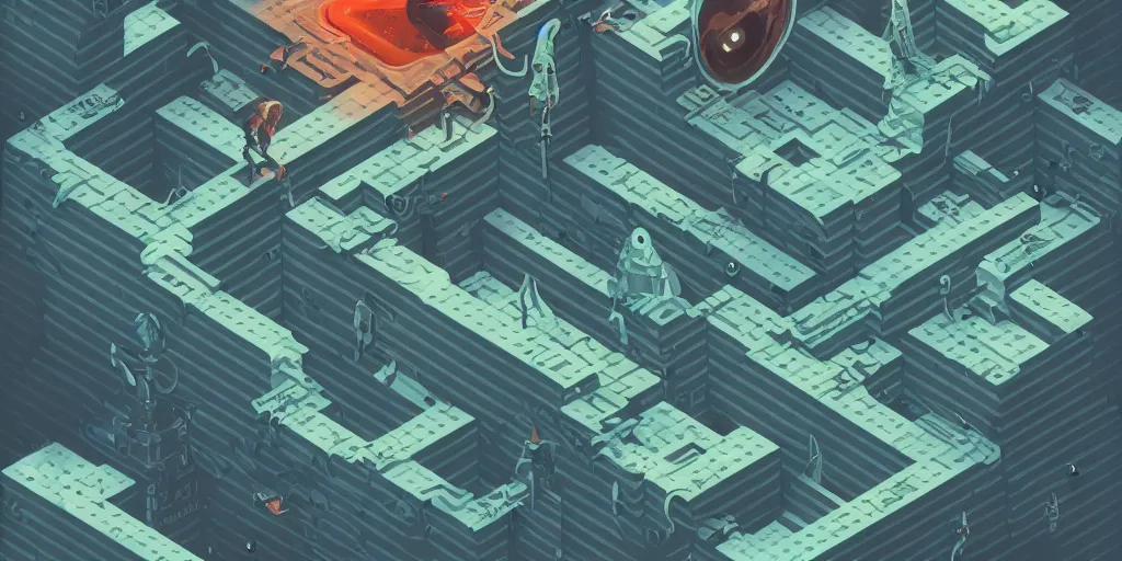 Image similar to isometric portrait of advanced alien, his last moment, mystical, technology meets fantasy, map, infographic, concept art, art station, style of monument valley, giger, wes anderson