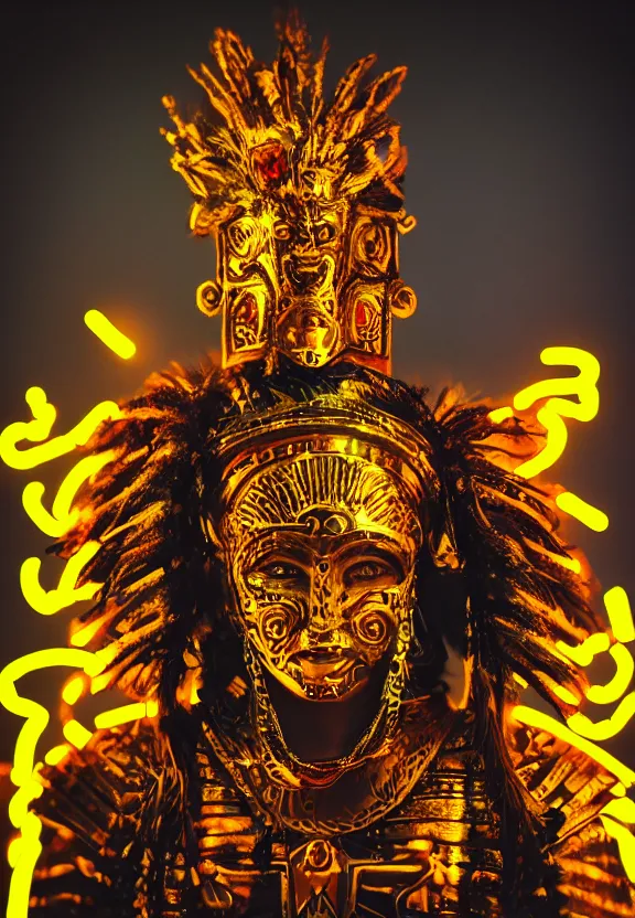 Image similar to Studio Photo of a Golden Aztec Warrior, Tribal Magic, Glowing Neon