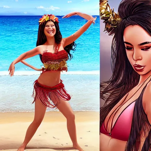 Image similar to beautiful hula dancer in a bikini on the beach drawn by artgerm
