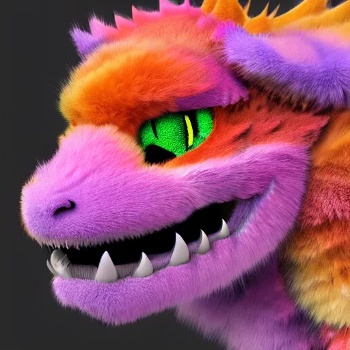 Image similar to colorful fluffy dragon face high detailed fur 3 d render 4 k