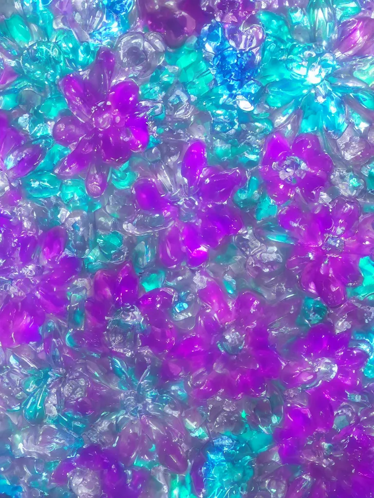 Prompt: Flowers of glass, purple and turquoise, art deco, 8k, shadowbox, ray tracing, translucent, ice, liquid diffusion, sloshing, pouring, crystal, iridescent