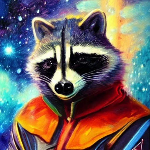 Image similar to a mutant racoon space captain, hdr, artistic, brushstrokes, impressionist, elegant, d&d, fantasy