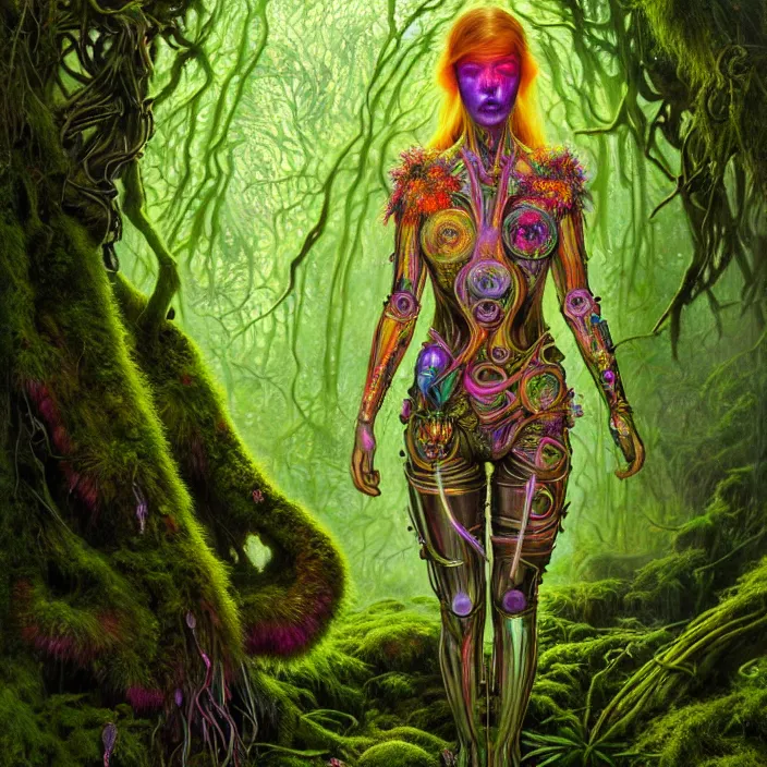 Prompt: bright psychedelic portrait of organic cyborg covered in moss in an ancient forest, diffuse lighting, fantasy, intricate, elegant, highly detailed, lifelike, photorealistic, digital painting, artstation, illustration, concept art, smooth, sharp focus, art by John Collier and Albert Aublet and Krenz Cushart and Artem Demura and Alphonse Mucha