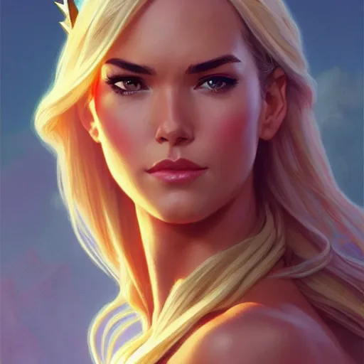 Image similar to Odette Annable with blonde hair as She-Ra, western, D&D, fantasy, intricate, elegant, highly detailed, digital painting, artstation, concept art, matte, sharp focus, illustration, art by Artgerm and Greg Rutkowski and Alphonse Mucha