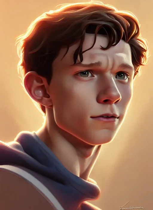 Image similar to cute tom holland, natural lighting, path traced, highly detailed, high quality, digital painting, by don bluth and ross tran and studio ghibli and alphonse mucha, artgerm