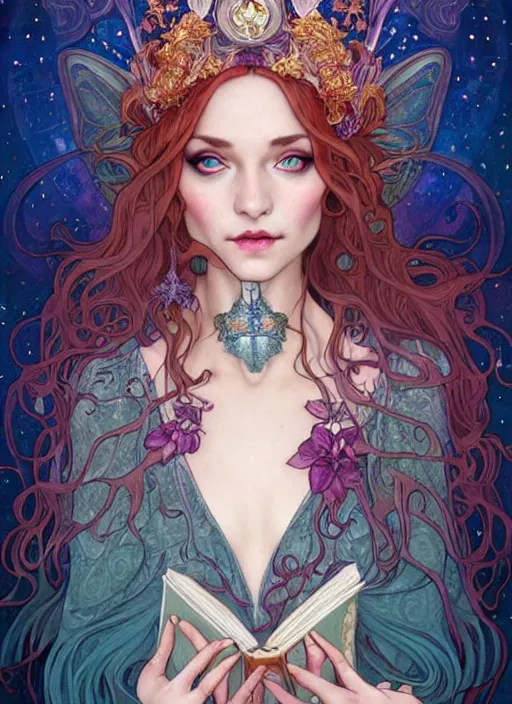 Prompt: fantastic portrait of a beautiftul witch aside a fire magic book, royally decorated crystal gemstones, symmetrical face, art nouveau, portrait, cute, fairy, by artgerm, kelly mckernan, charlie bowater, alphonse mucha, detailed background, artstation, intricate, elegant, highly detailed