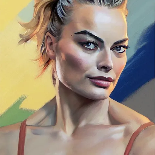 Image similar to greg manchess portrait painting of margot robbie with closed eyes as beautiful thick female bodybuilder zarya from overwatch, medium shot, asymmetrical, profile picture, organic painting, sunny day, matte painting, bold shapes, hard edges, street art, trending on artstation, by huang guangjian and gil elvgren and sachin teng