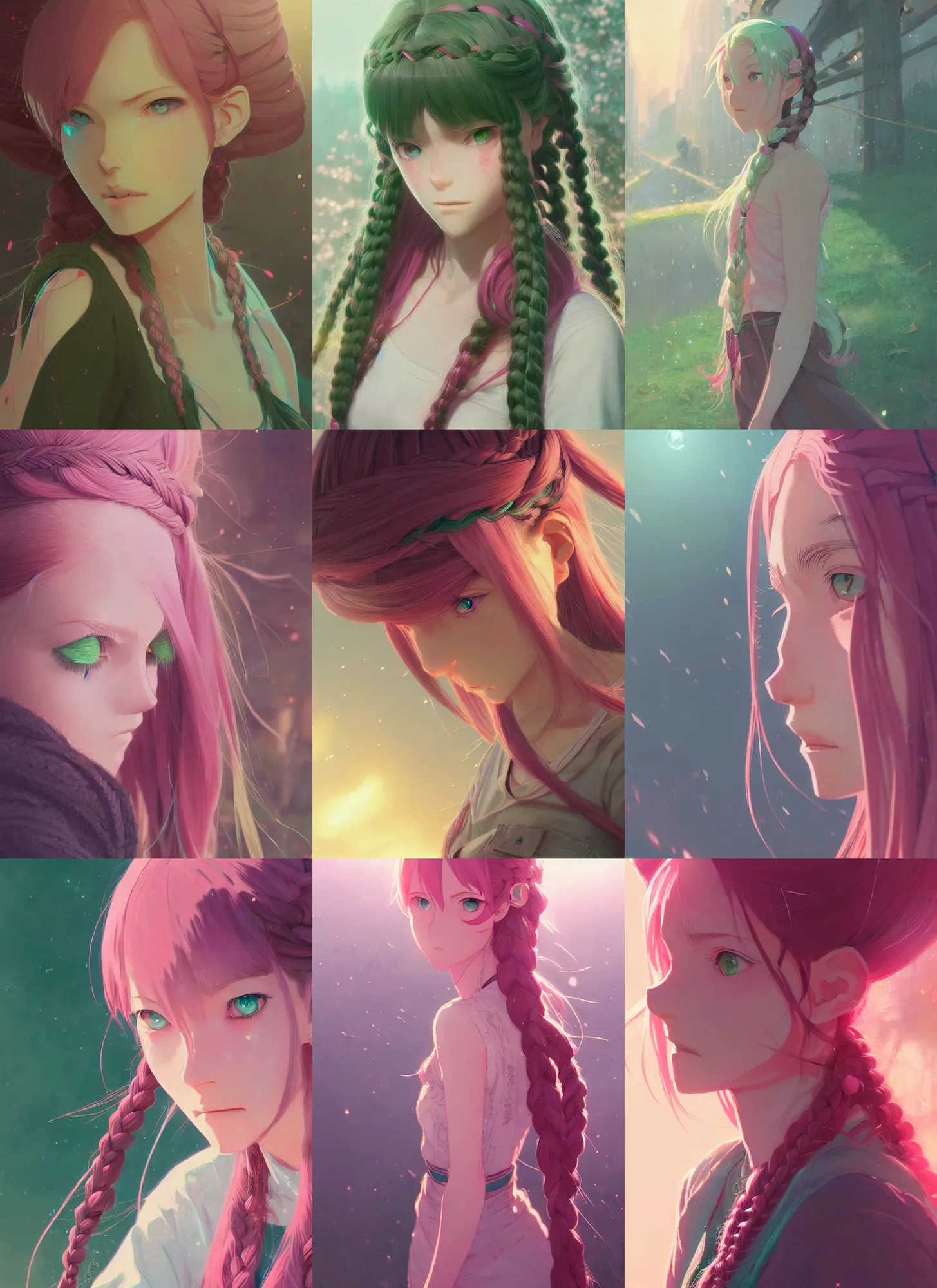 Prompt: young woman with green eyes and long pink hair in braids, intricate, cinematic lighting, highly detailed, digital painting, pixiv, concept art, smooth, sharp focus, illustration, by makoto shinkai and akihiko yoshida