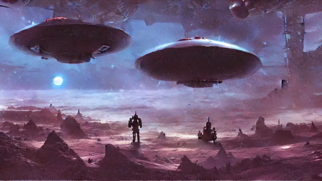 Image similar to eerie atmospheric alien planet with a small dropship pod landing by paul lehr and jack gaughan and john schoenherr, epic cinematic matte painting