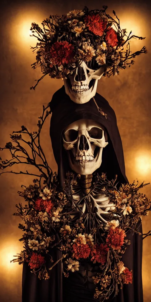 Image similar to cinematic shot epic portrait skeleton wearing a dark robe covered in flowers, hyper realistic, mood lighting, fantasy, detailed face, highly detailed, super realistic, perfect lighting