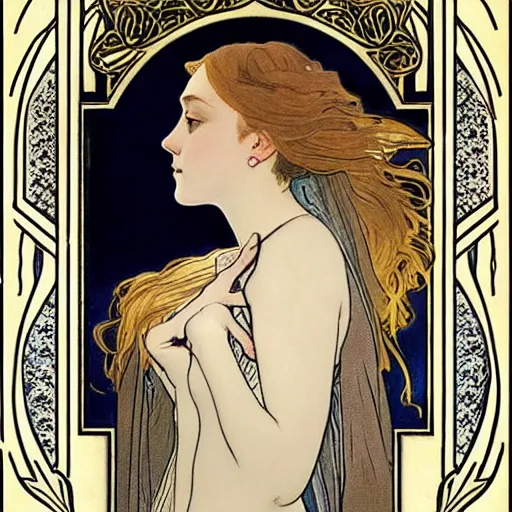 Image similar to dakota fanning portrait by louis - theophile hingre and alphonse mucha, realistic, sharp focus, zodiac signs, tarot cards, planets, ethereal, art nouveau, magic, moon, sun, crown, dreamy, royal, jewellery