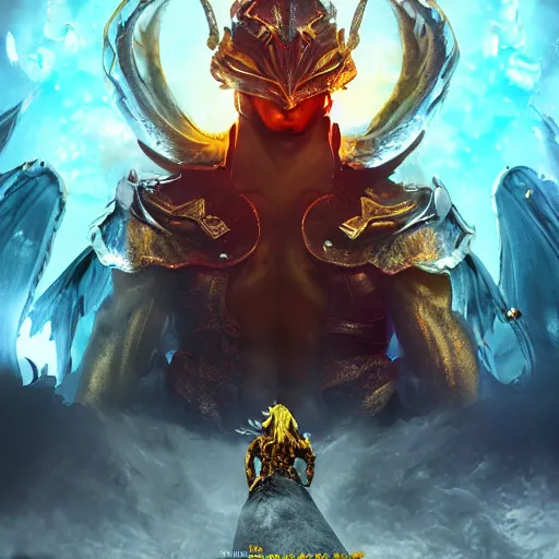 Image similar to beautiful cinematic fantasy poster, muscular dragon firefighter, beautiful blue glowing gold eyes, wideshot ultrawide angle epic scale, in the style of Mika Koskensalmi, Jason Chan, art station; cinematic quality character render; low angle; ultra high quality model; production quality cinema model,