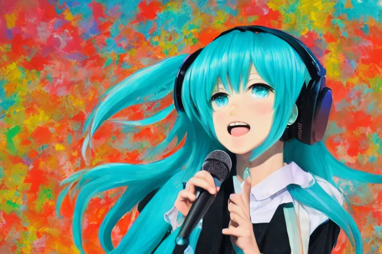 Prompt: hatsune miku singing for the whole world, fireworks at the greatest festival of all time, oil on canvas