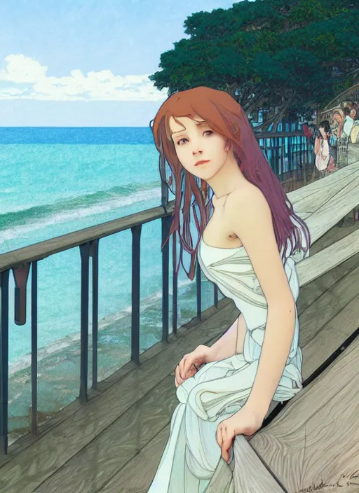 Image similar to pretty young woman leaning against the railing at the beach, path traced, highly detailed, high quality, digital painting, by studio ghibli and alphonse mucha, leesha hannigan, makoto shinkai, disney