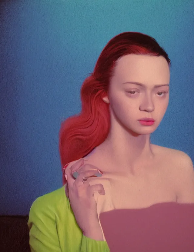 Image similar to woman sits in a dark room fool of tv screens at home, blue rays from tv, redshift, wide shot, coloured polaroid photograph, pastel, kodak film, hyper real, stunning moody cinematography, by maripol, fallen angels by wong kar - wai, style of suspiria and neon demon, david hockney, detailed, oil on canvas