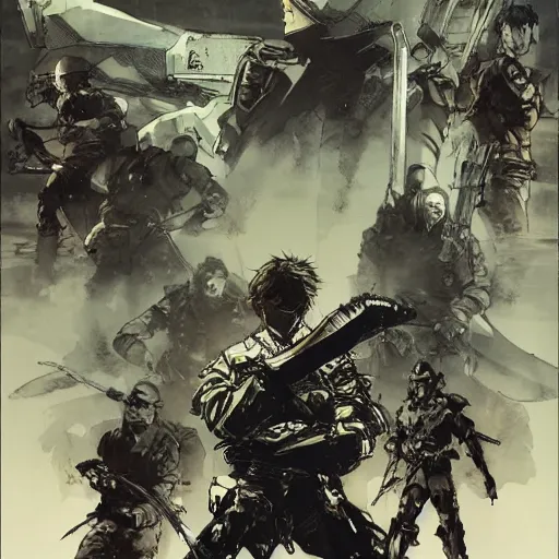 Prompt: hero sitting on a chair holding a sword on his back, looking at a army in the background illustrated by yoji shinkawa, pencil art, extra detail, dynamic, colored, blood, metal swords, sharp lines, textures, cyberpunk, handsome face