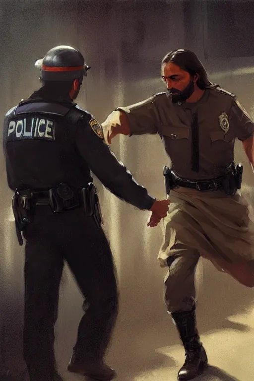 Image similar to jesus christ arresting a police officer, style of greg rutkowski