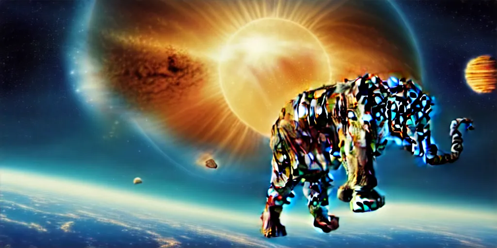 Image similar to planet - sized tiger elephant in space, next to the sun and stars, very wide shot, epic composition, hyper detailed, digital art, trending in artstation, cinematic lighting, studio quality, unreal engine 5 rendered, art style by klimt and nixeu and ian sprigger and wlop and krenz cushart