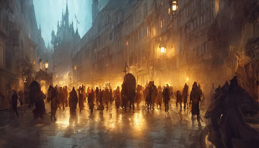 Image similar to street of medieval city lighten by torches during early evening, shadows, reflections, epic composition, intricate, elegant, volumetric lighting, digital painting, highly detailed, artstation, sharp focus, illustration, concept art, ruan jia, steve mccurry