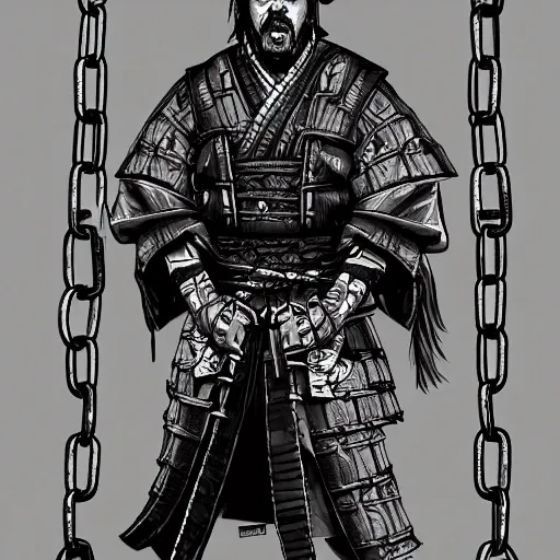 Prompt: portrait of full body samurai wraped in chains and schythe, art inkstyle artstation higly detailed horror cinematic