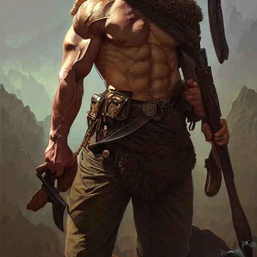 Image similar to portrait of a rugged ranger, muscular, upper body, blood, D&D, fantasy, intricate, elegant, highly detailed, digital painting, artstation, concept art, smooth, sharp focus, illustration, art by artgerm and greg rutkowski and alphonse mucha