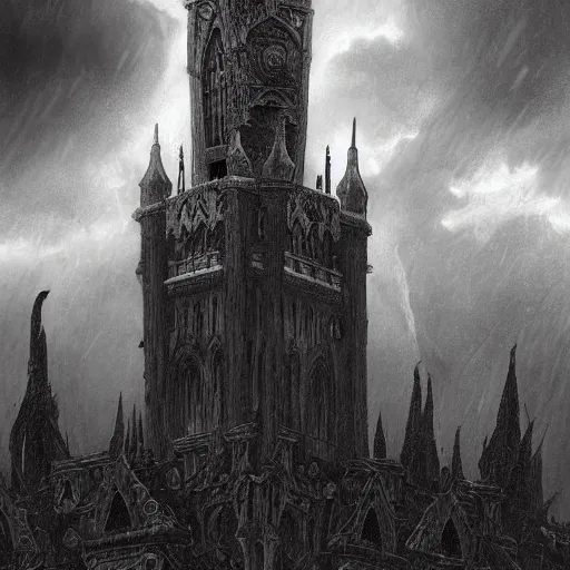 Prompt: an ultra detailed black and white tarot card of a lonely and impossibly tall ominous gothic dark citadel tower of the evil patriarch, in the style of magic the gathering, in a river elevated high above the city, gaslight fantasy capital city, ultrawide lense, aerial photography, scary thunderstorm, exquisite detail, 8 k, art by greg rutkowski and alphonse mucha