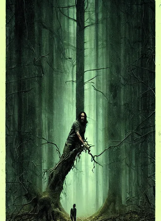 Image similar to highly detailed horror movie poster with angry creepy keanu reeves as a tree, keanu reeves faces in the bark of many trees sentient leafy catastrophe by greg rutkowski, masterpiece, really funny, 1 0 / 1 0 creepy