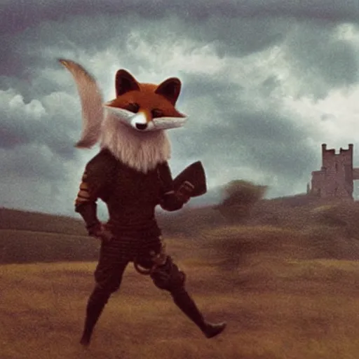 Image similar to anthropomorphic fox!! who i - s a medieval knight holding a swo - rd towards a stormy thundercloud [ 1 9 3 0 s film still ], ( castle in the background )