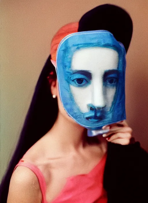 Image similar to a fashion portrait photograph of a woman wearing a plastic mask designed by mark rothko, 3 5 mm, color film camera,