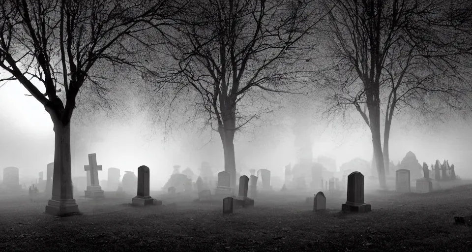 Image similar to Cinematic still of creepy cemetery by the river thames at night, thick mist fills the ground, directed by Wes Craven