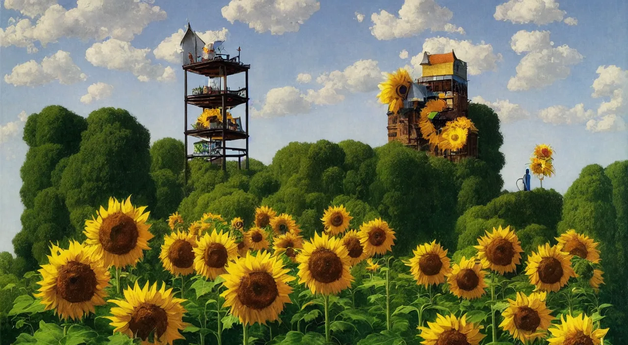 Prompt: single flooded simple sunflower tower!, very coherent and colorful high contrast!! masterpiece by rene magritte simon stalenhag carl spitzweg syd mead norman rockwell edward hopper james gilleard, minimalist, dark shadows, sunny day, hard lighting