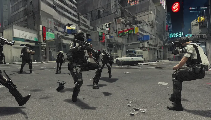 Prompt: 2020 Video Game Screenshot, Anime Neo-tokyo Cyborg bank robbers vs police, Set inside of the Bank, Open Vault, Multiplayer set-piece Ambush, Tactical Squads :19, Police officers under heavy fire, Police Calling for back up, Bullet Holes and Realistic Blood Splatter, :6 Gas Grenades, Riot Shields, Large Caliber Sniper Fire, Chaos, Metal Gear Solid Anime Cyberpunk, Akira Anime Cyberpunk, Anime Bullet VFX, Anime Machine Gun Fire, Violent Action, Sakuga Gunplay, Shootout, :14 Inspired by the film Akira :19 , Inspired by Intruder :11 by Katsuhiro Otomo: 19, 🕹️ 😎 🚬