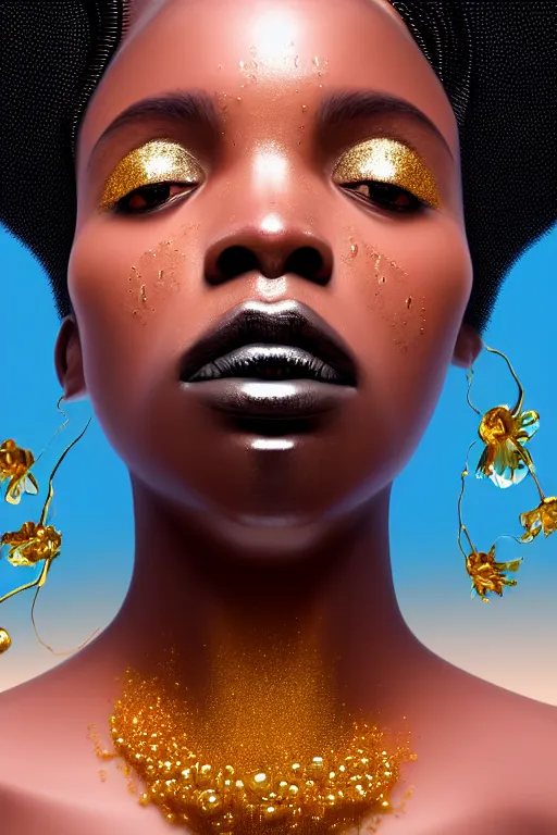 Prompt: hyperrealistic precisionist cinematic profile very expressive! black oshun goddess, in water! up to shoulders, mirror dripping droplet!, gold flowers, highly detailed face, digital art masterpiece, smooth eric zener cam de leon, dramatic pearlescent turquoise light on one side, low angle uhd 8 k, 2 0 0 mm focal length
