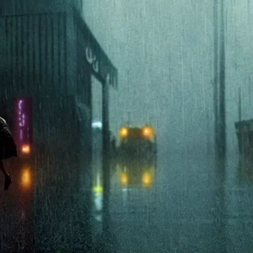 Prompt: a girl walking in a rainy city, still from bladerunner 2049, cinematic