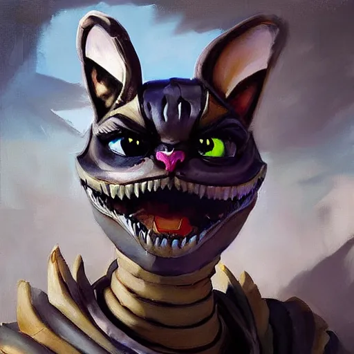 Prompt: greg manchess portrait painting of fully armored cheshire cat from alice in wonderland as overwatch character, medium shot, asymmetrical, profile picture, organic painting, sunny day, matte painting, bold shapes, hard edges, street art, trending on artstation, by huang guangjian, gil elvgren, ruan jia, randy vargas, greg rutkowski
